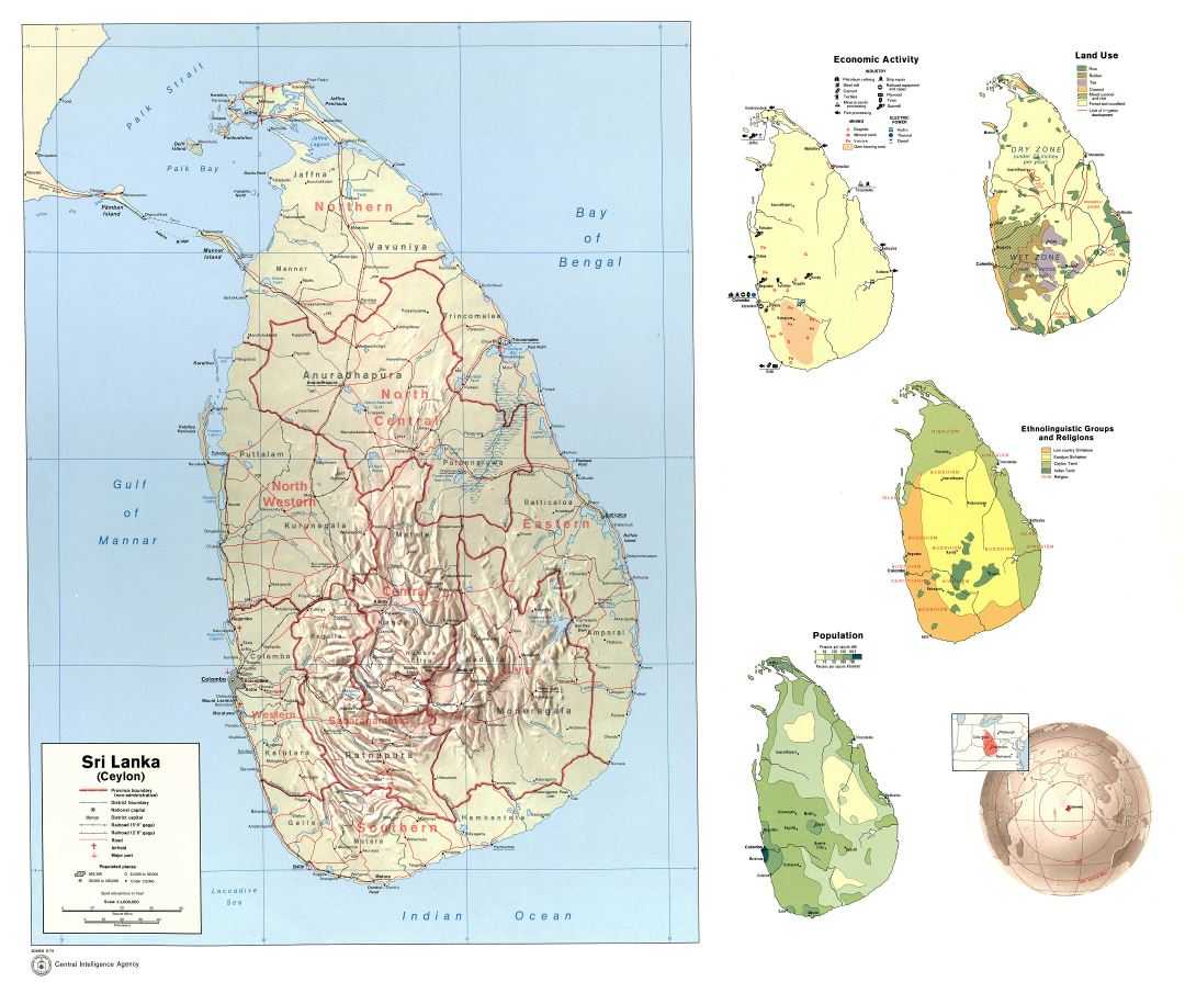 Large scale country profile map of Sri Lanka - 1974