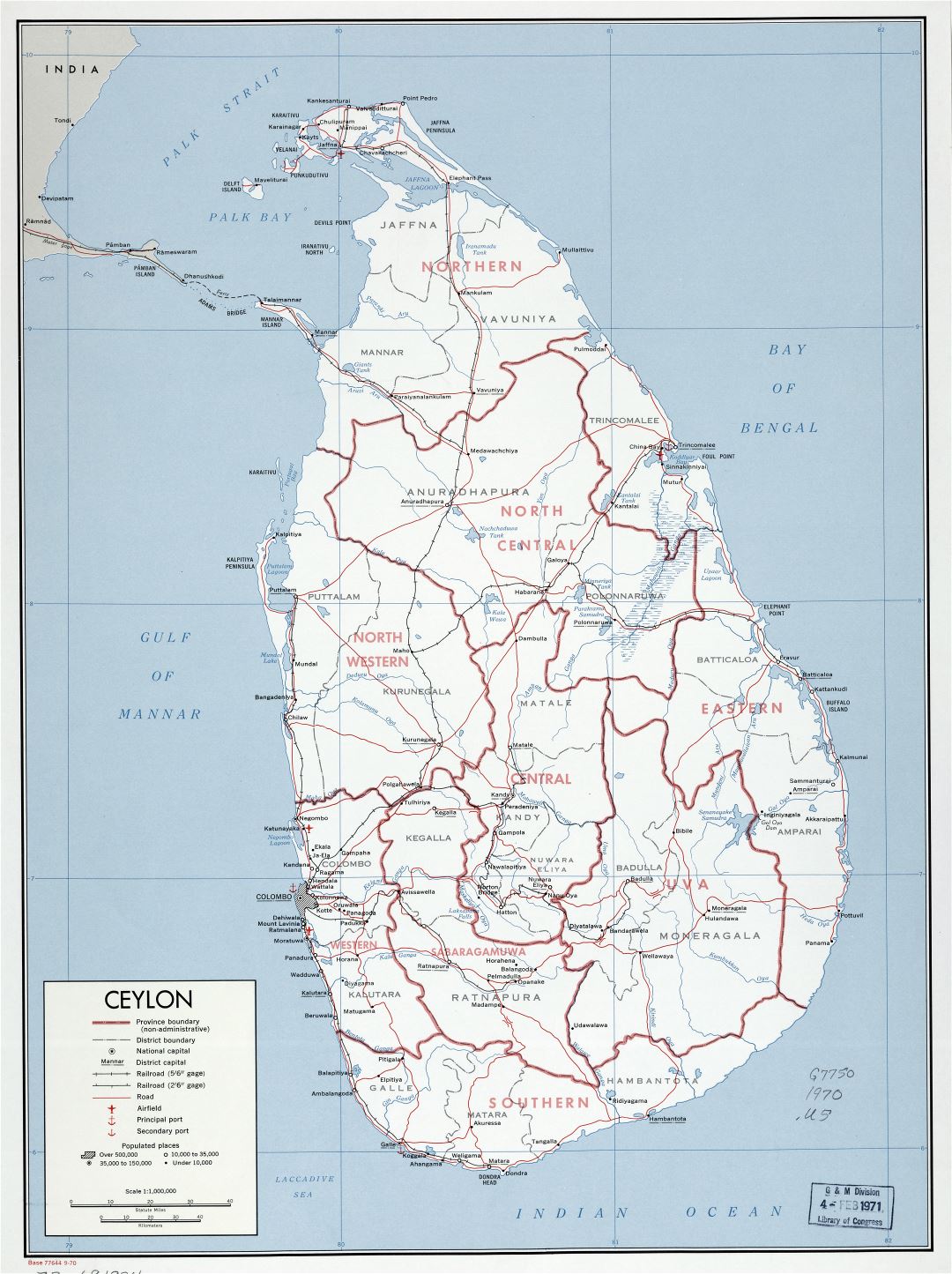 Large scale detailed political and administrative map of Sri Lanka, Ceylon with roads, railroads, ports, airports and cities - 1970
