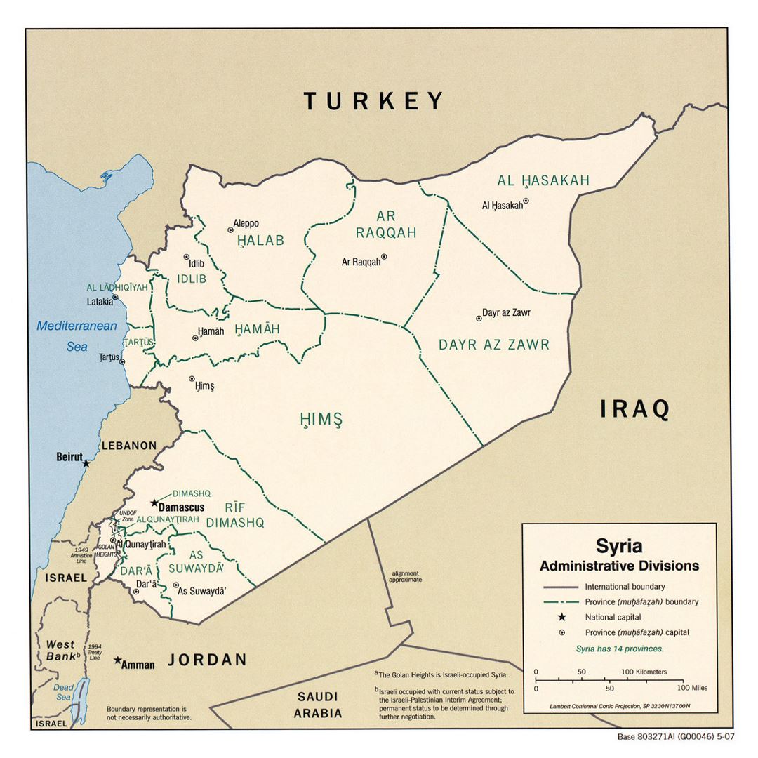 Detailed administrative divisions map of Syria - 2007