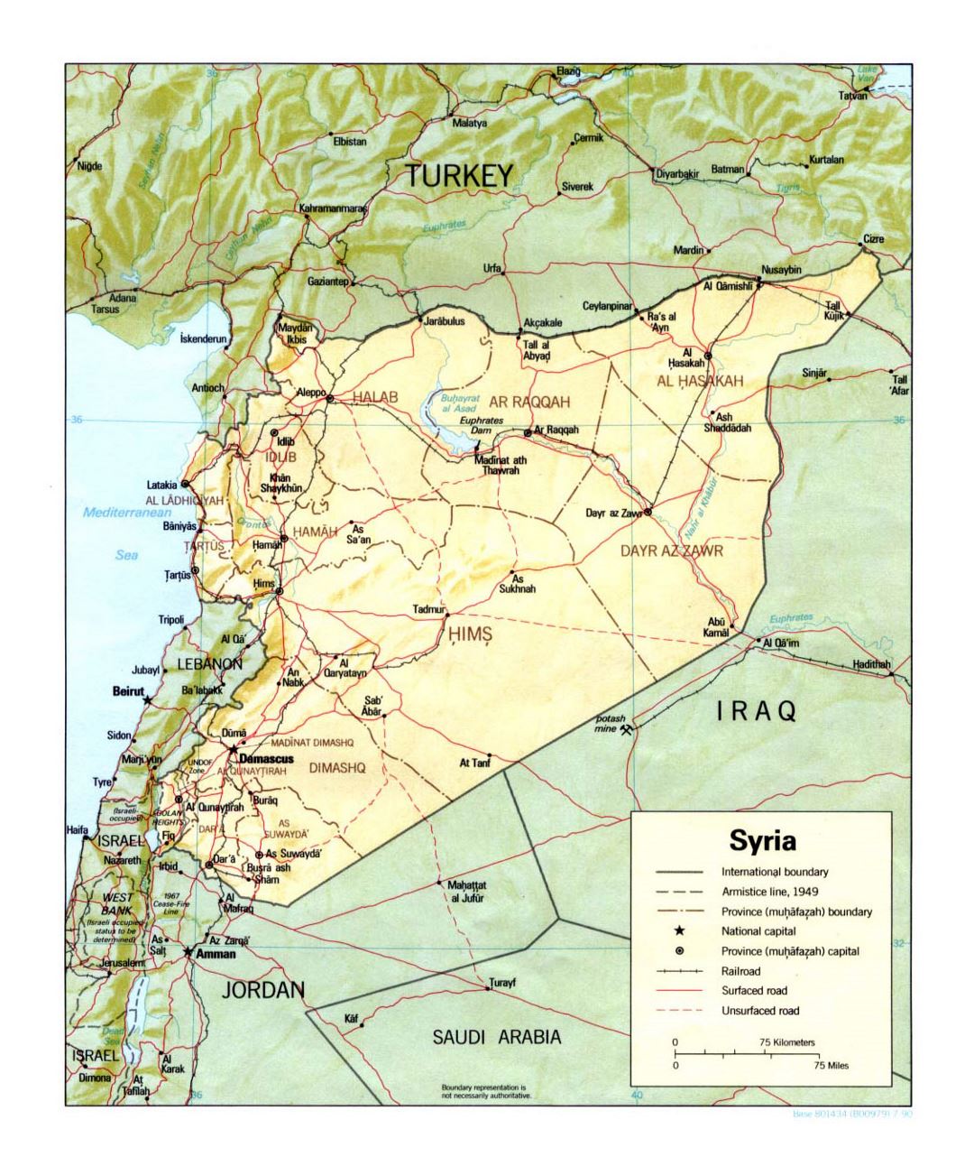 Detailed political and administrative map of Syria with relief, roads, railroads and major cities - 1990