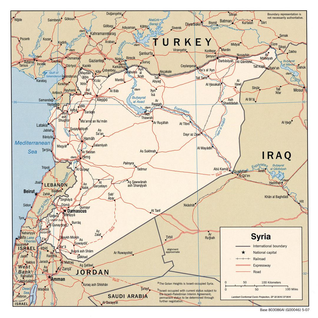 Detailed political map of Syria with roads, railroads and major cities - 2007