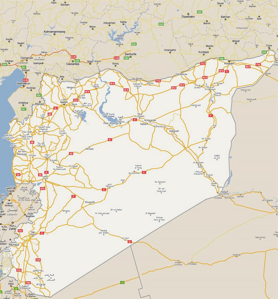 Detailed road map of Syria with all cities