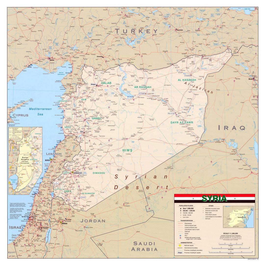 Large detailed wall map of Syria with other marks - 2004