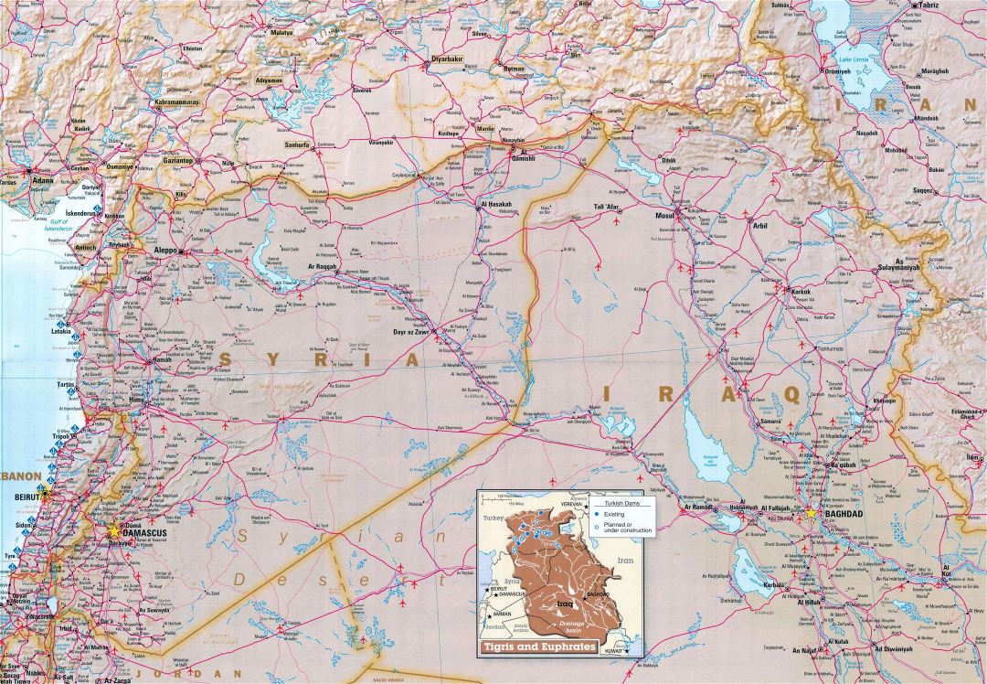 Large map of Syria with relief, roads, airports and other marks