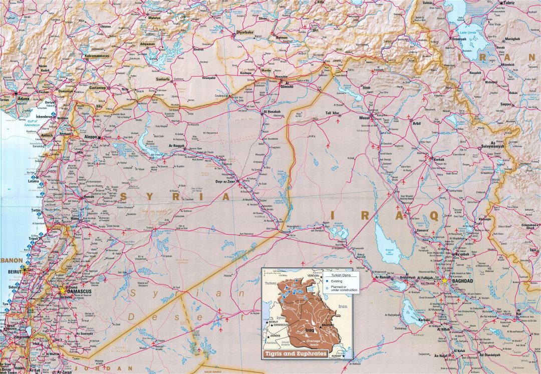 Large map of Syria with relief, roads, airports and other marks