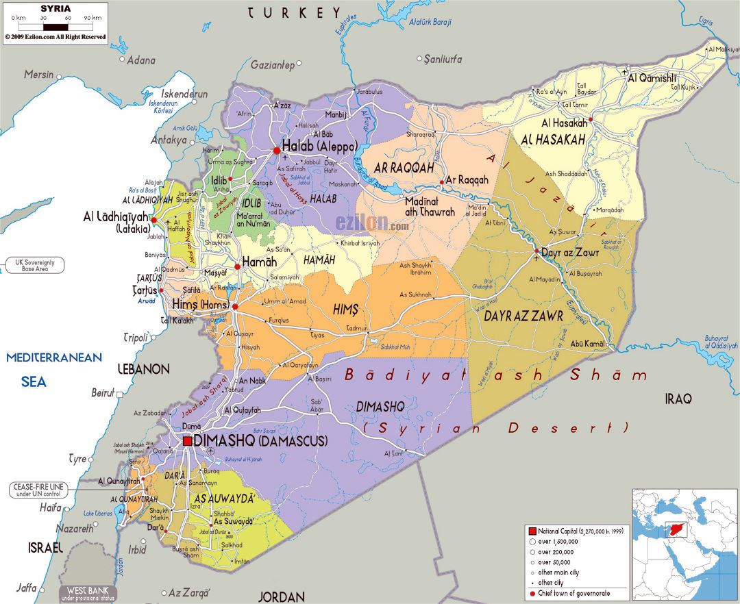 Large political and administrative map of Syria with roads, cities and airports