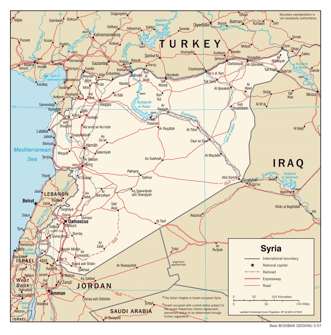 Large political map of Syria with roads, railroads and cities - 2007