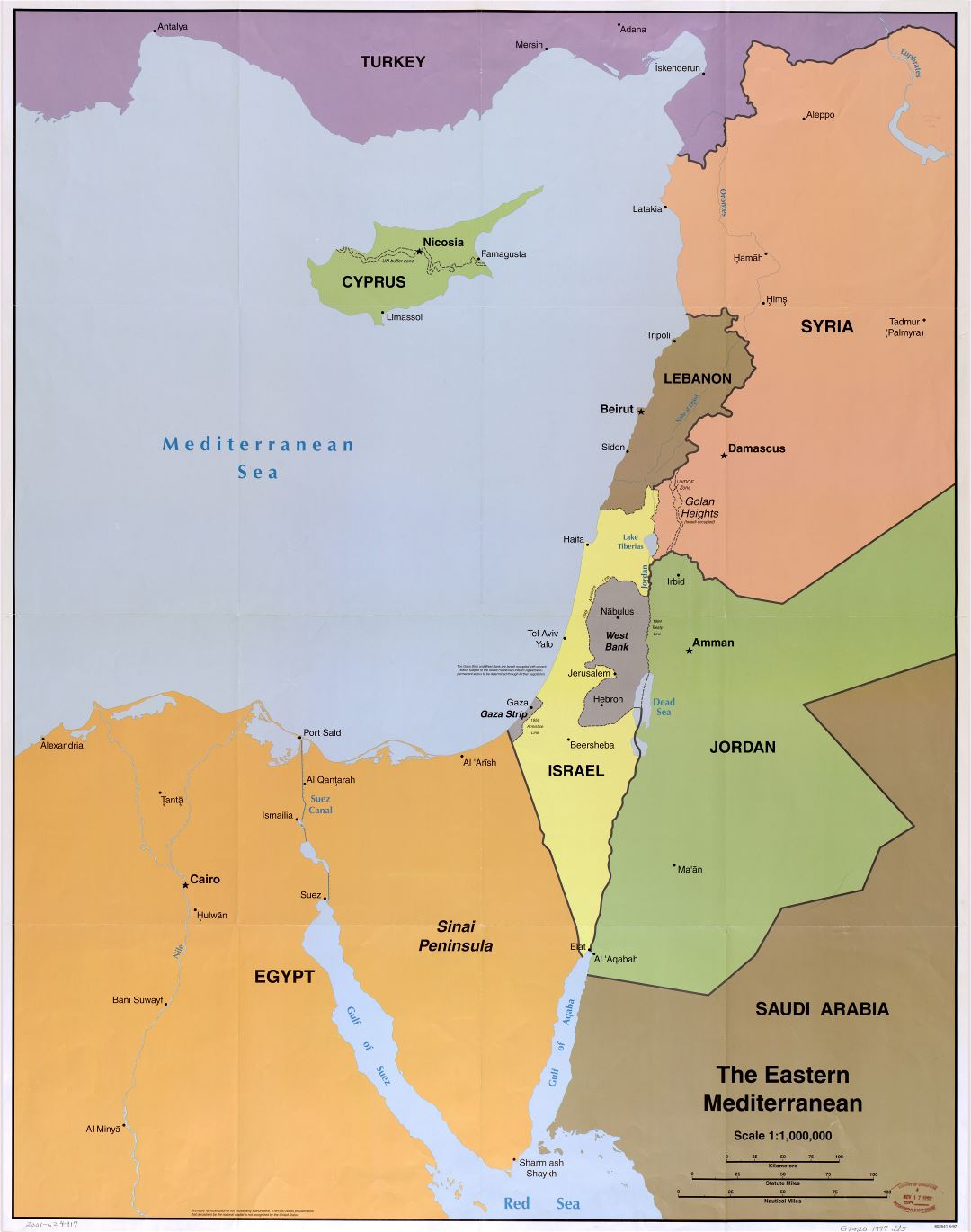 Large scale detailed political map of the Eastern Mediterranean with major cities - 1997