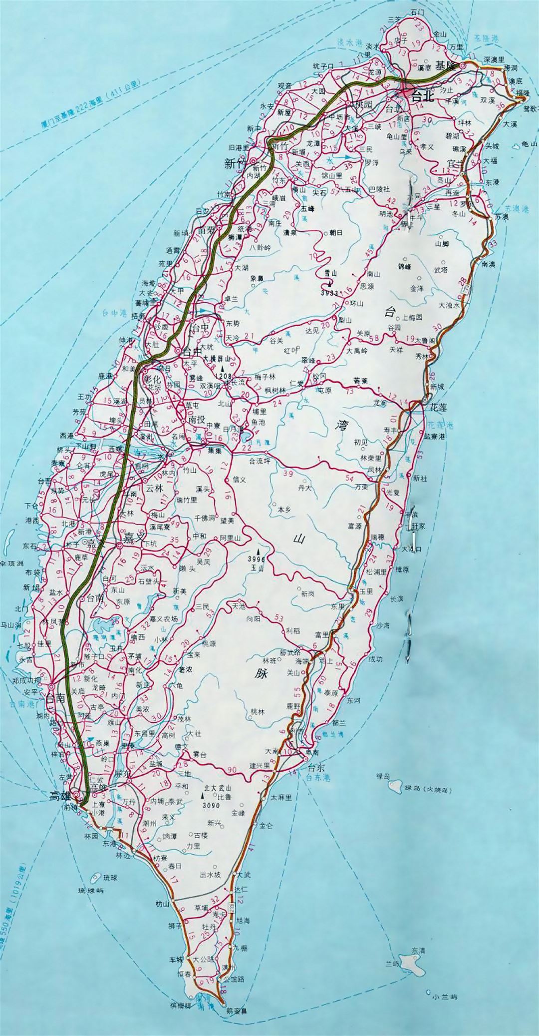 Detailed map of Taiwan with roads and cities