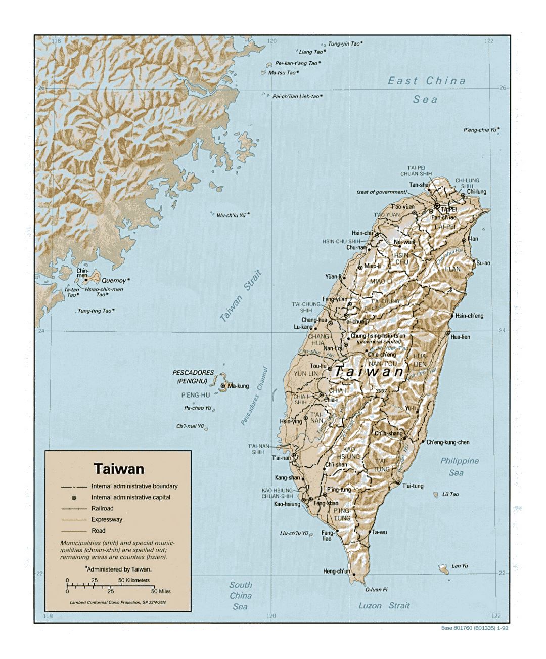 Detailed political and administrative map of Taiwan with relief, roads, railroads and major cities - 1992