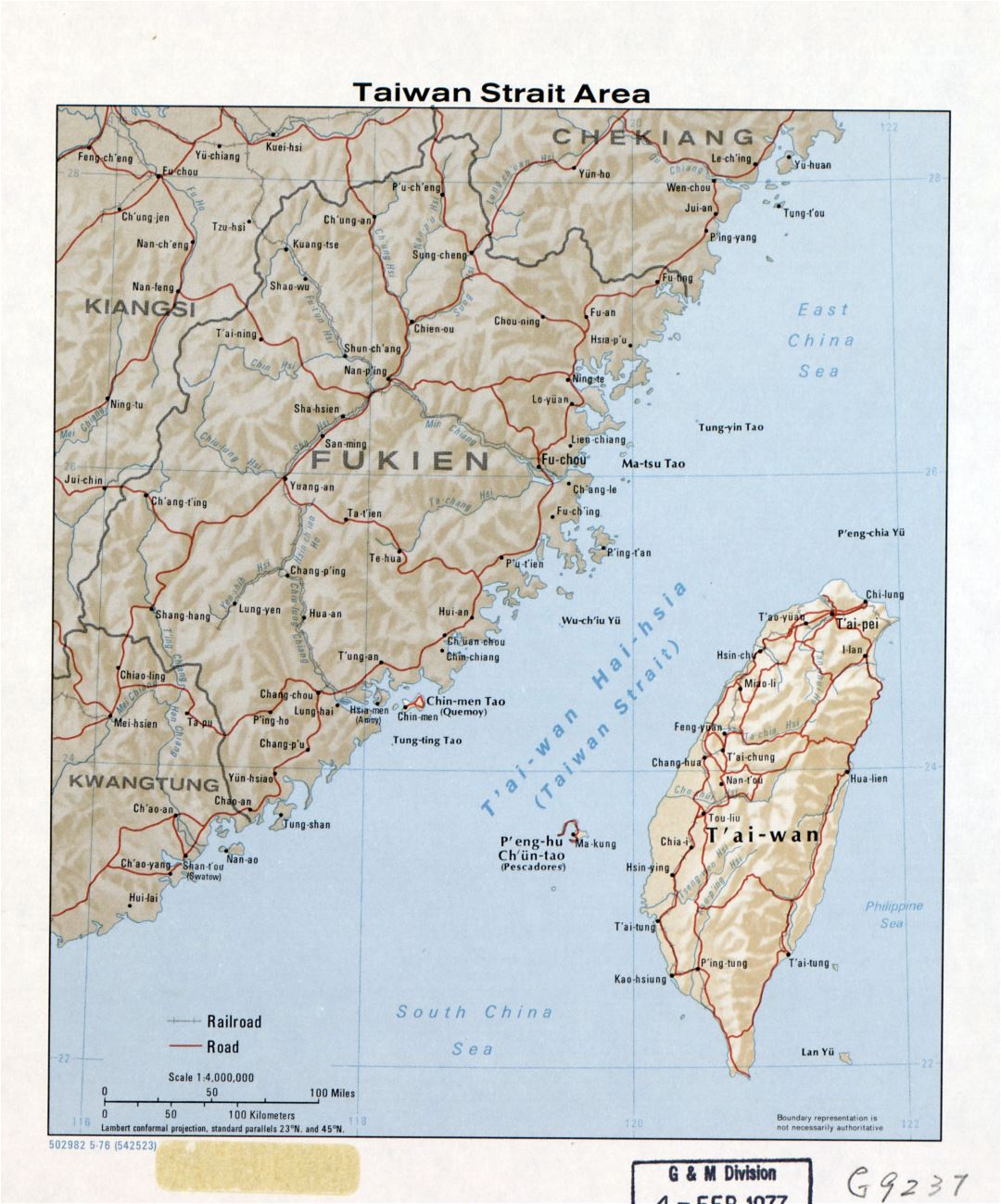 Large detailed map of Taiwan Strait Area with relief, roads, railroads and major cities - 1976