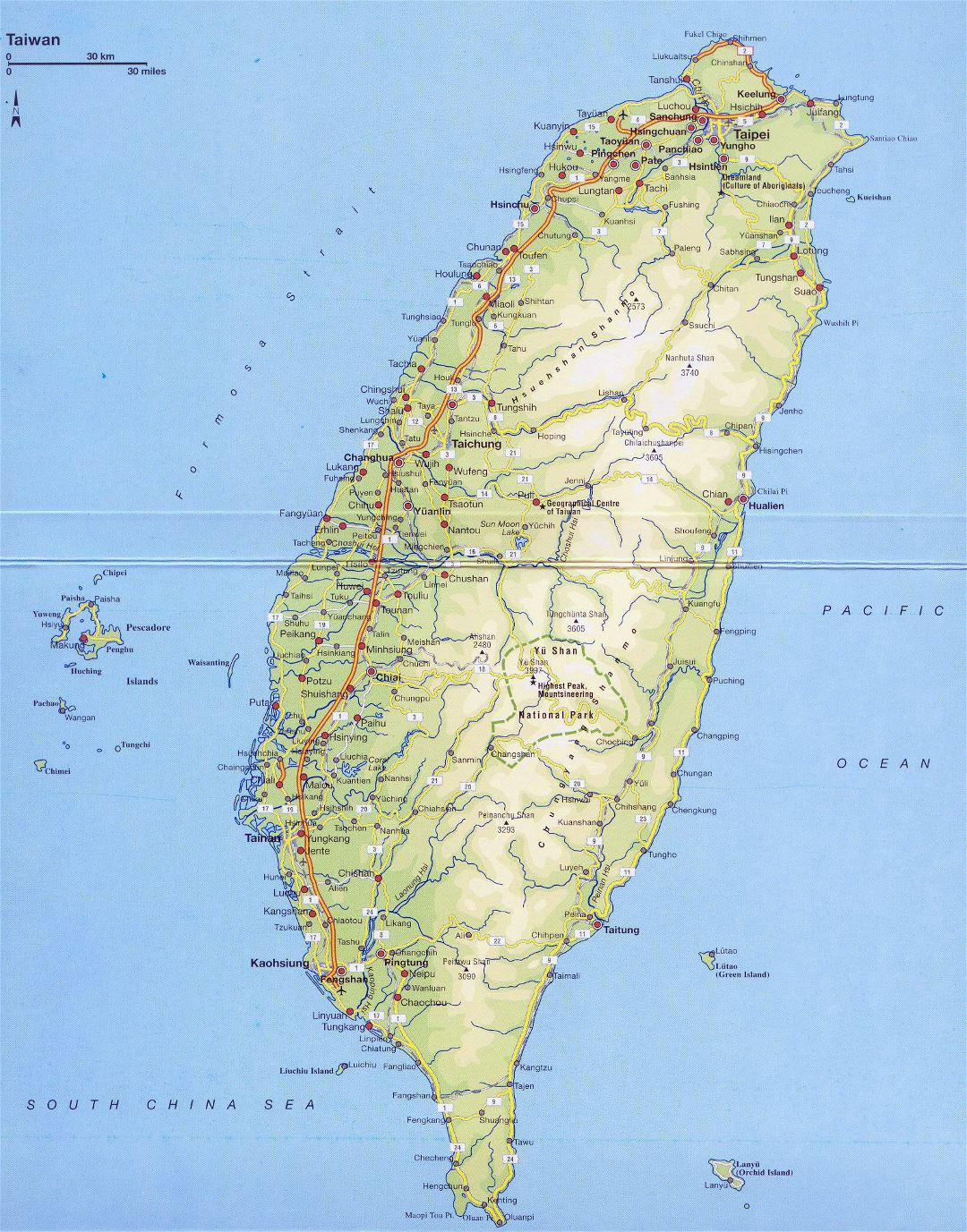 Large detailed road and elevation map of Taiwan with all cities and other marks