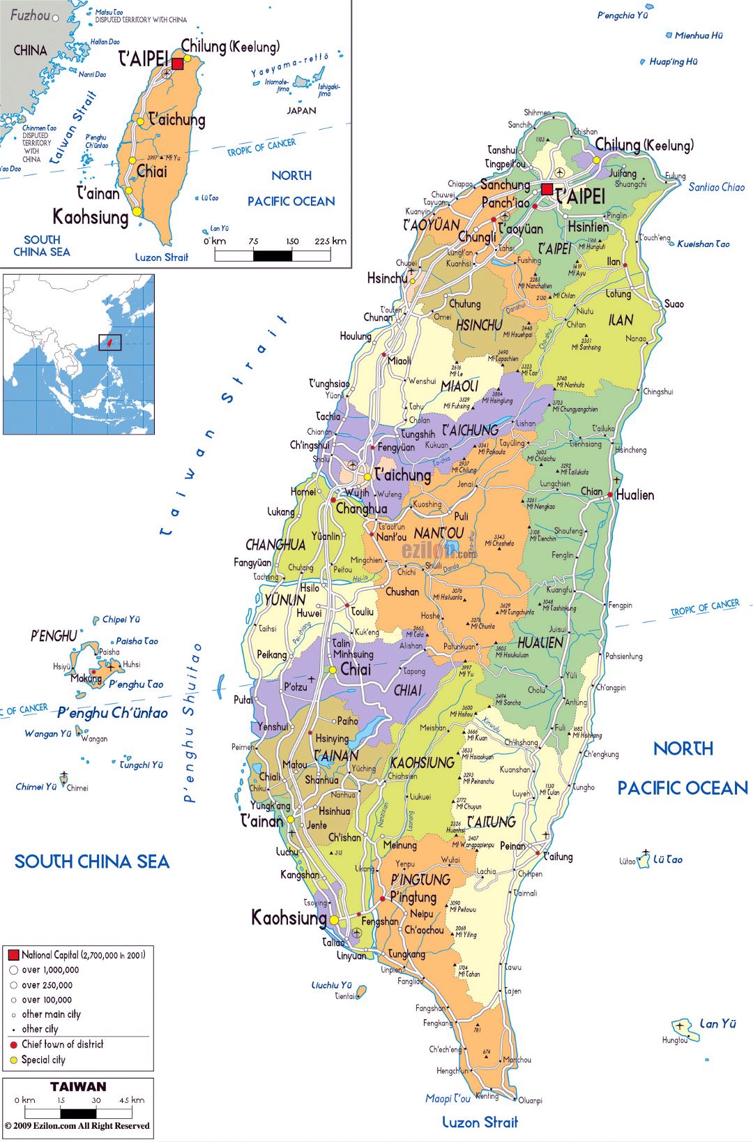 Large political and administrative map of Taiwan with roads, cities and airports