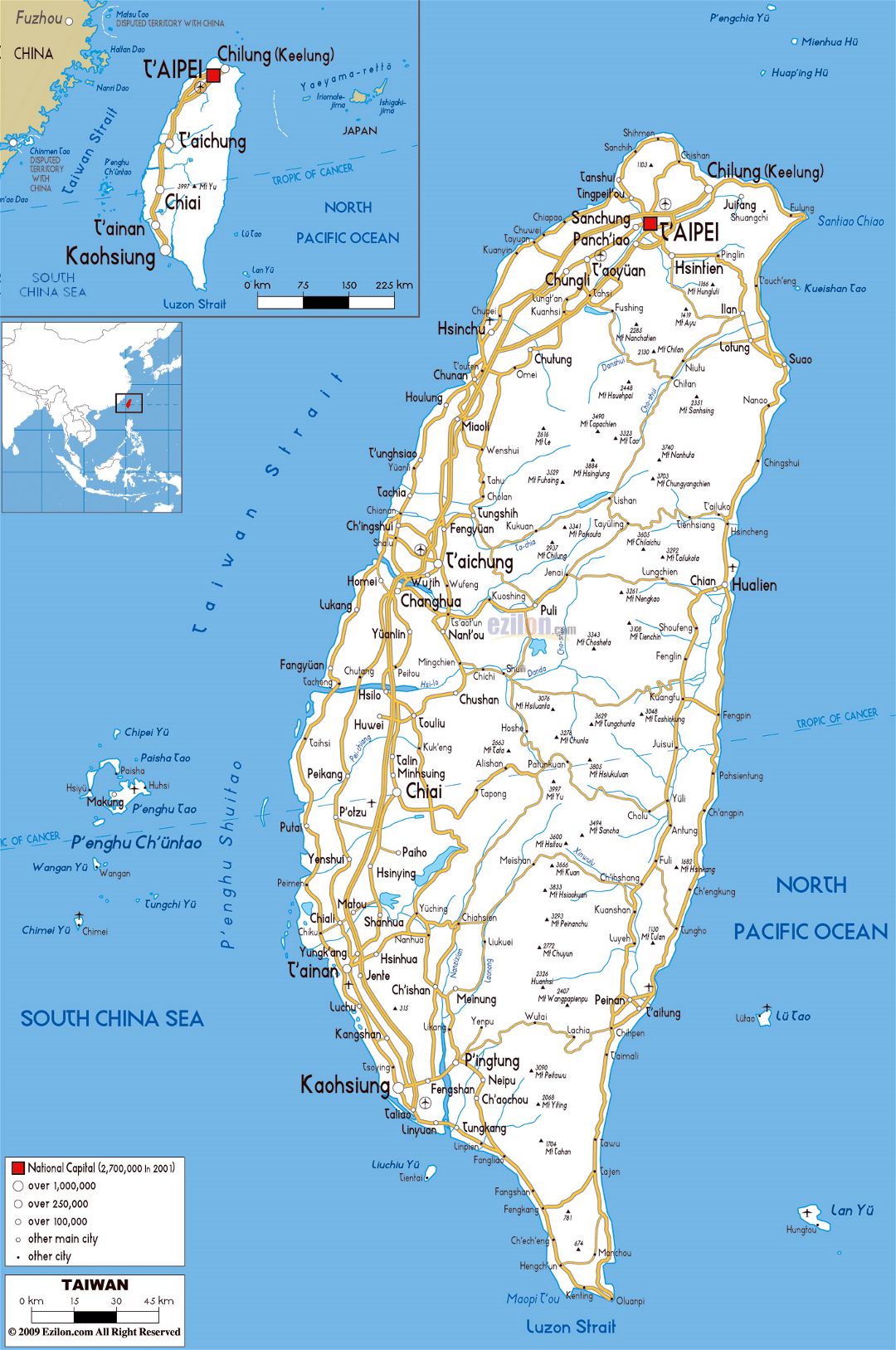 Large road map of Taiwan with cities and airports