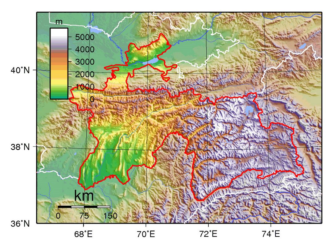 Detailed physical map of Tajikistan