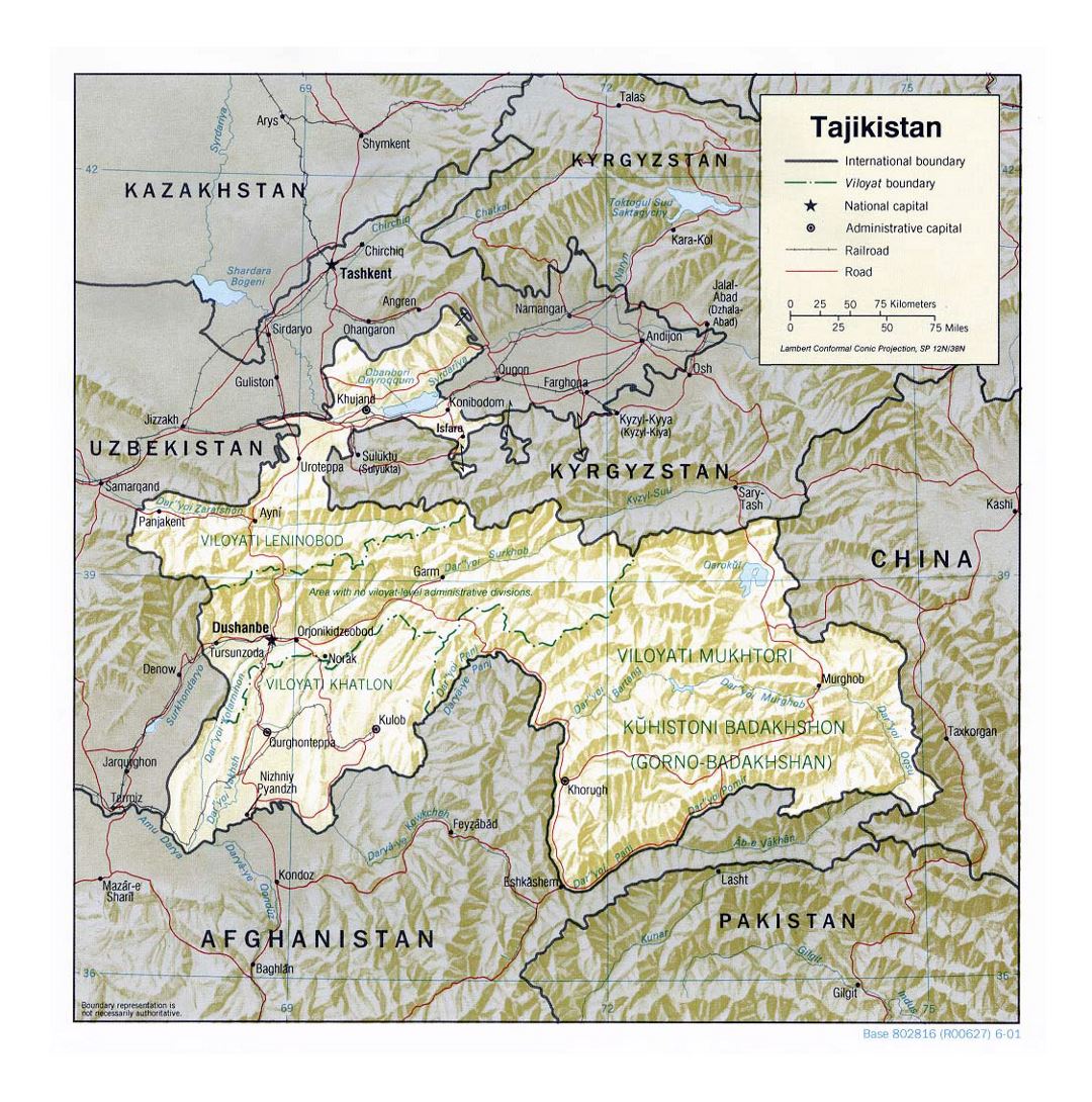 Detailed political and administrative map of Tajikistan with relief, roads, railroads and major cities - 2001