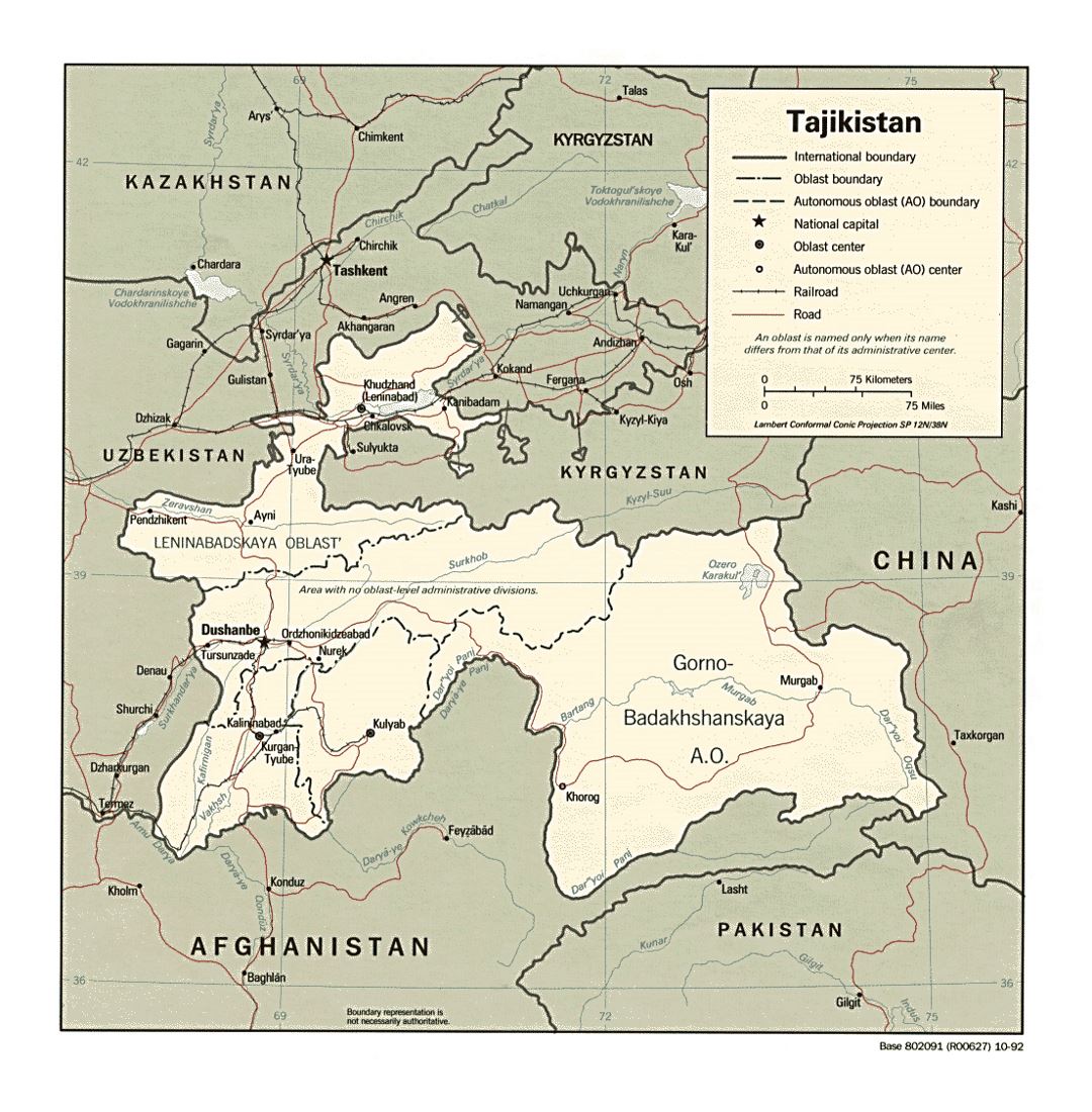 Detailed political and administrative map of Tajikistan with roads, railroads and major cities - 1992