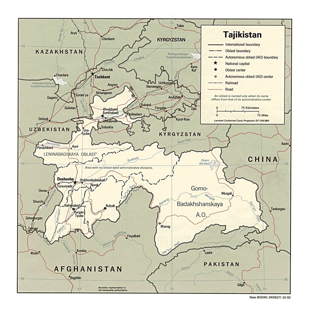 Detailed political and administrative map of Tajikistan with roads, railroads and major cities - 1992