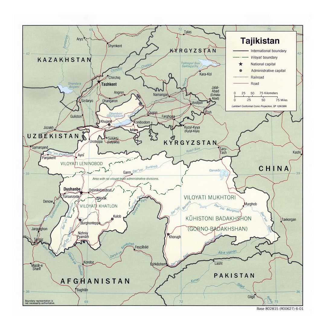 Detailed political and administrative map of Tajikistan with roads, railroads and major cities - 2001