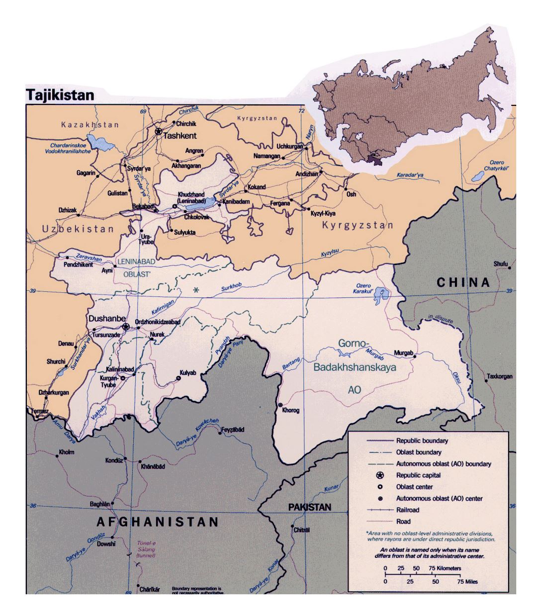 Detailed political and administrative map of Tajikistan with roads, railroads and major cities
