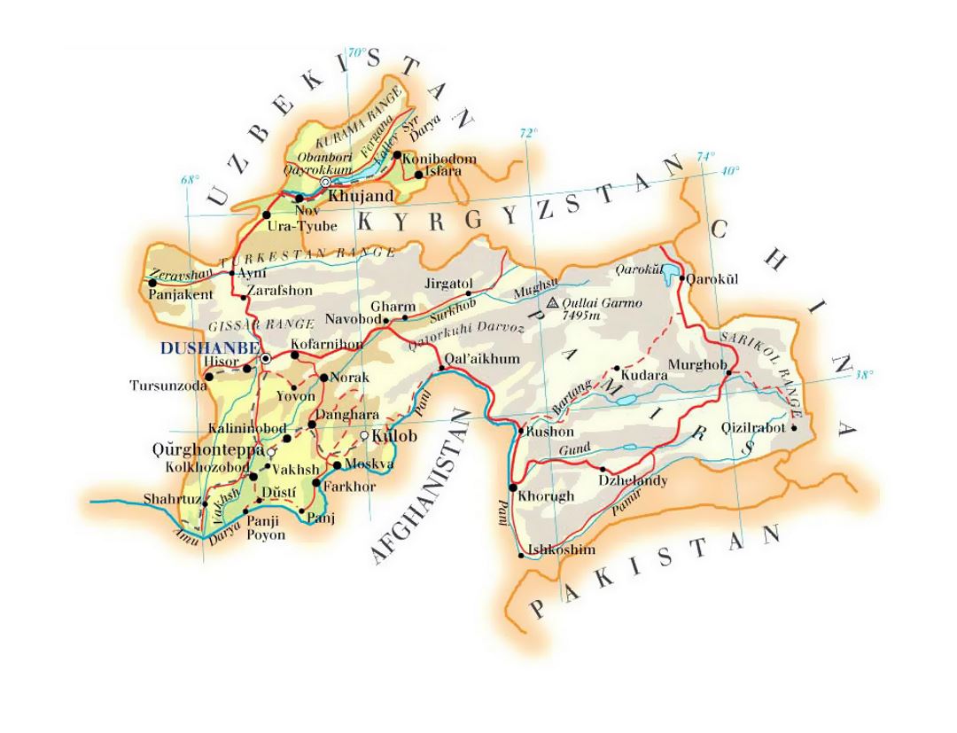 Elevation map of Tajikistan with roads, railroads, cities and airports