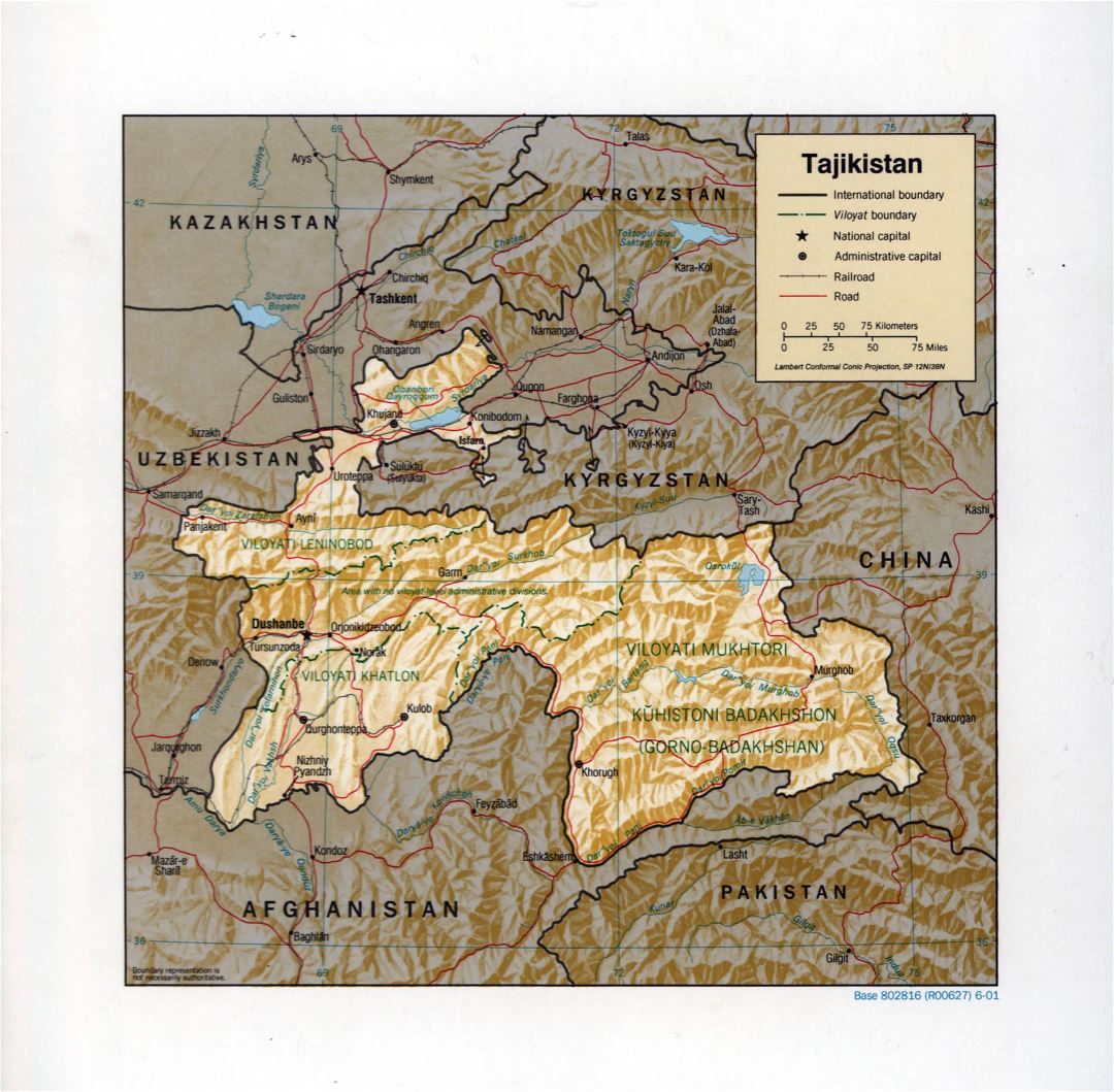 Large detailed political and administrative map of Tajikistan with relief, roads, railroads and major cities - 2001