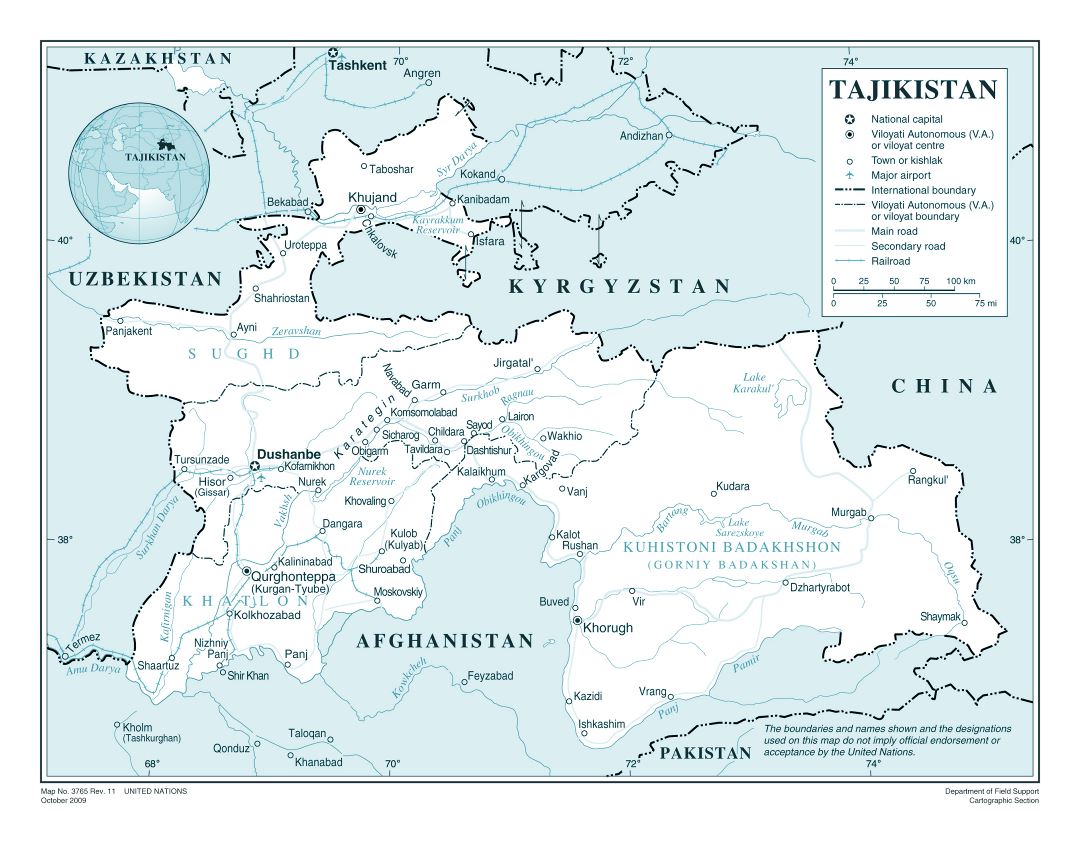 Large detailed political and administrative map of Tajikistan with roads, railroads, all cities and airports