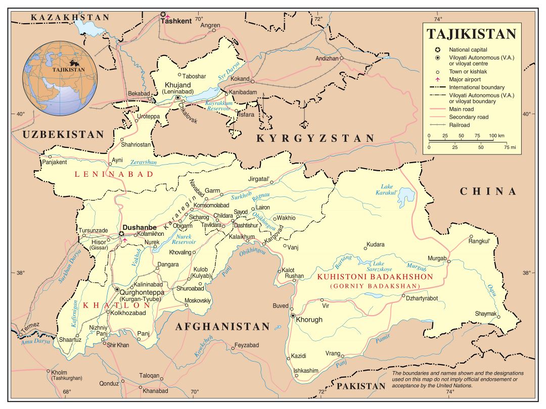 Large detailed political and administrative map of Tajikistan with roads, railroads, cities and airports