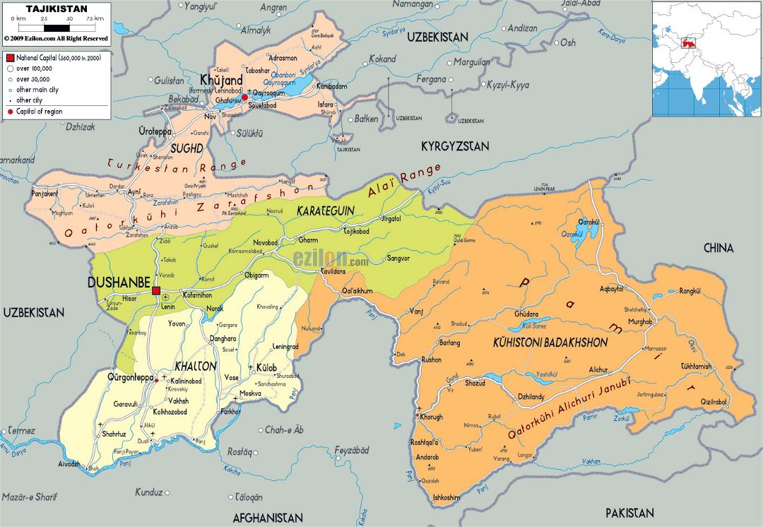 Large political and administrative map of Tajikistan with roads, cities and airports