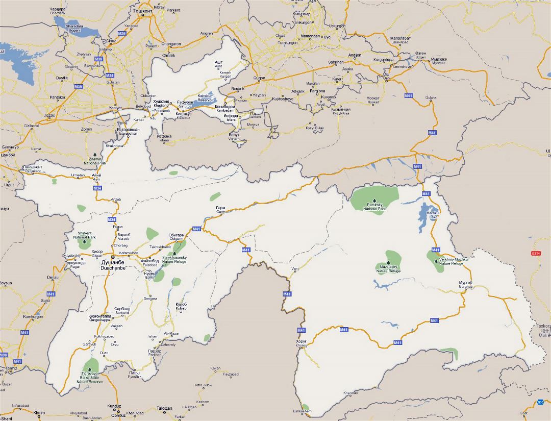 Large road map of Tajikistan with national parks and cities