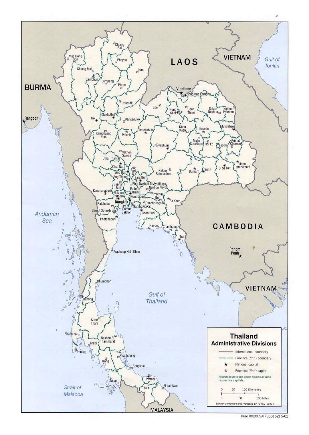 Detailed administrative divisions map of Thailand - 2002
