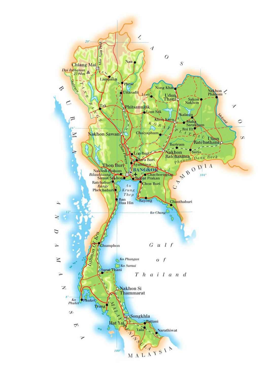 Detailed elevation map of Thailand with roads, railroads, major cities and airports