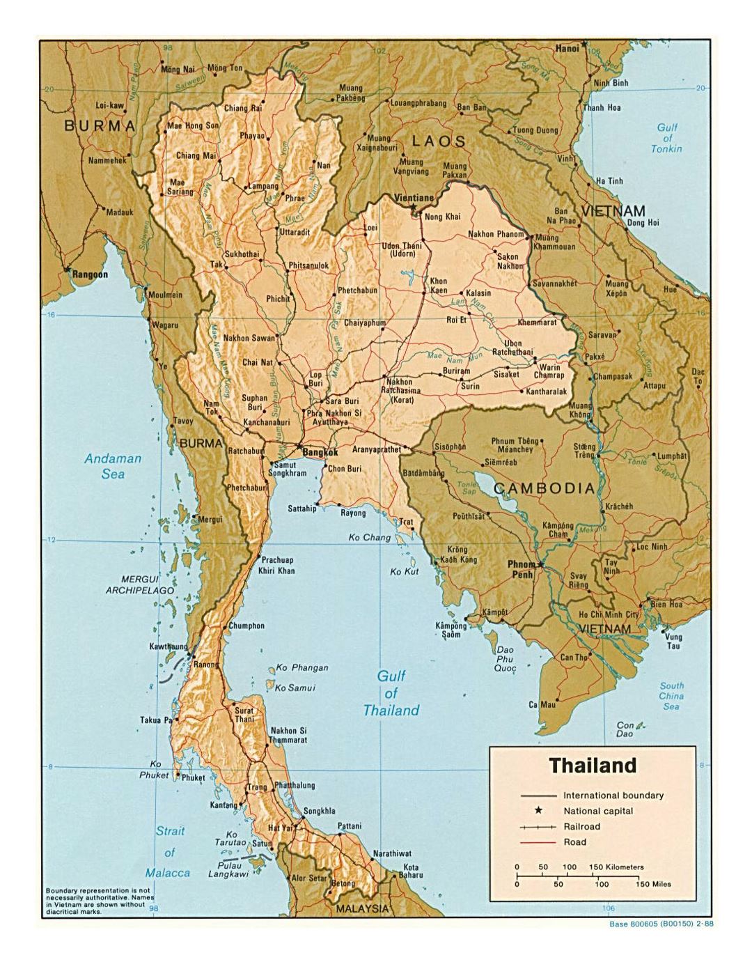 Detailed political map of Thailand with relief, roads, railorads and major cities - 1988