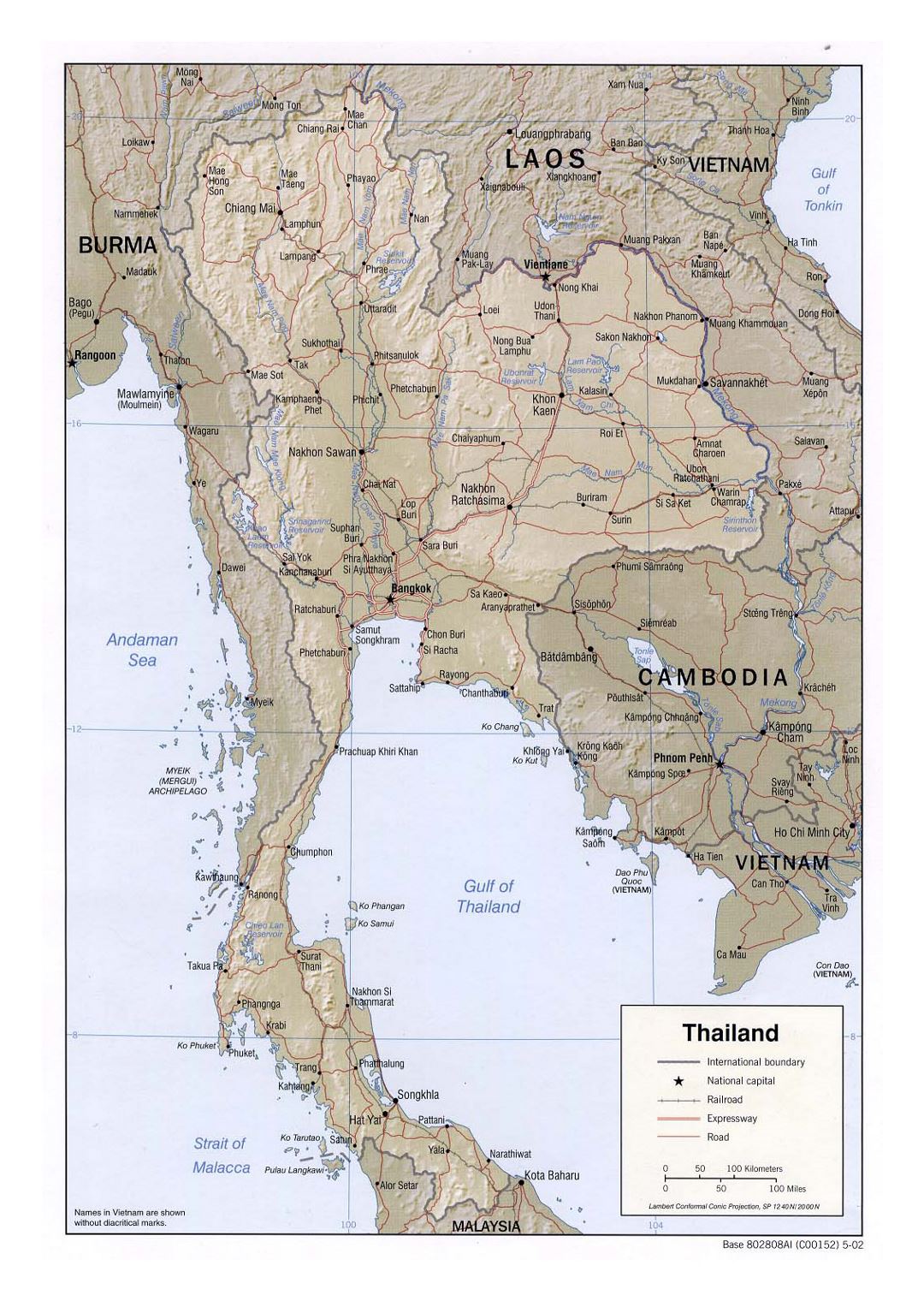 Detailed political map of Thailand with relief, roads, railorads and major cities - 2002