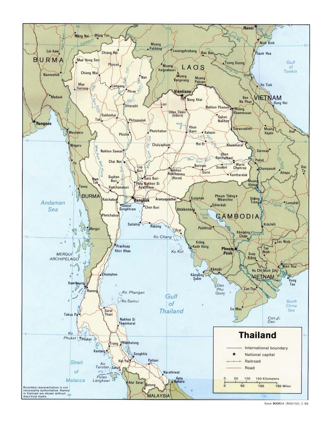 Detailed political map of Thailand with roads, railorads and major cities - 1988