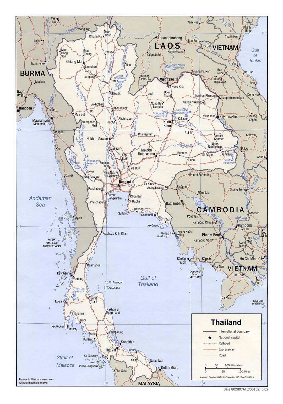 Detailed political map of Thailand with roads, railorads and major cities - 2002