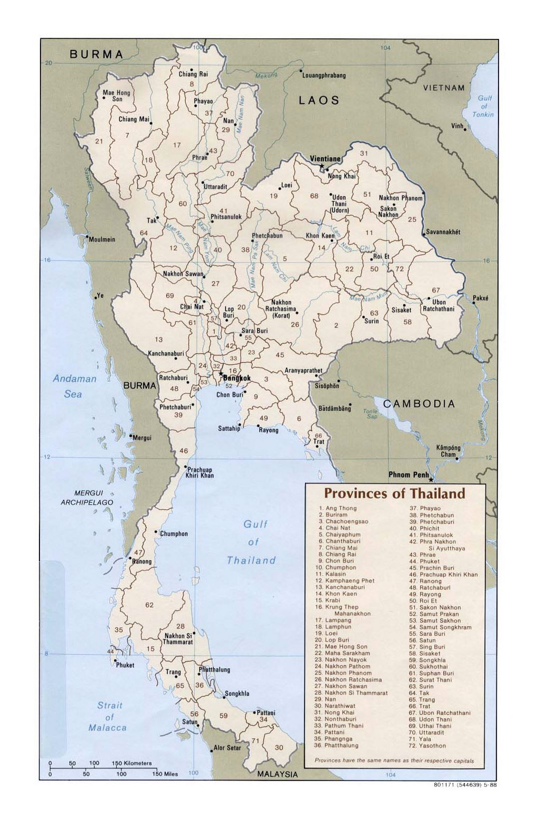 Detailed provinces map of Thailand with major cities - 1988