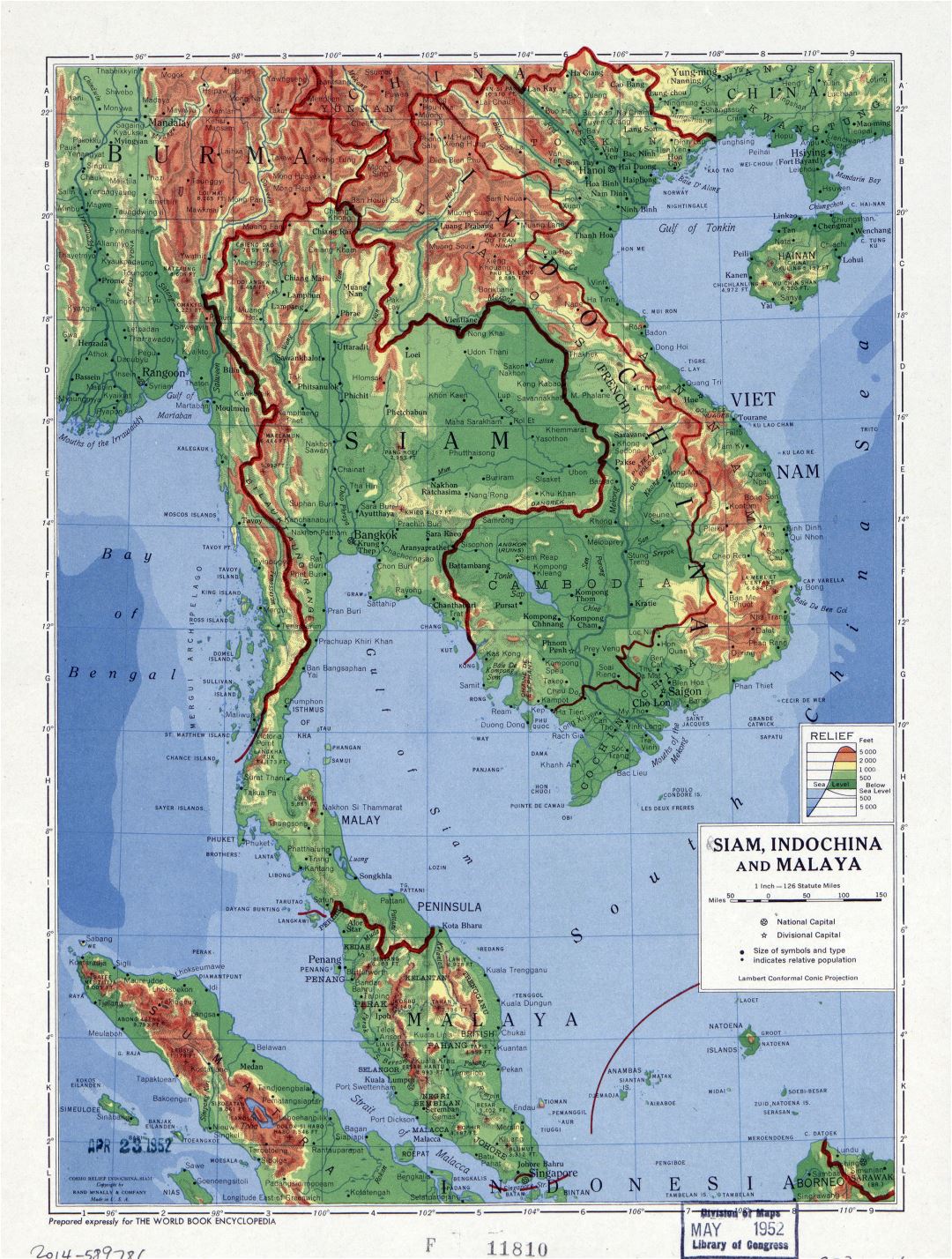 Large detailed physical map of Siam, Indochina and Malaya - 1952