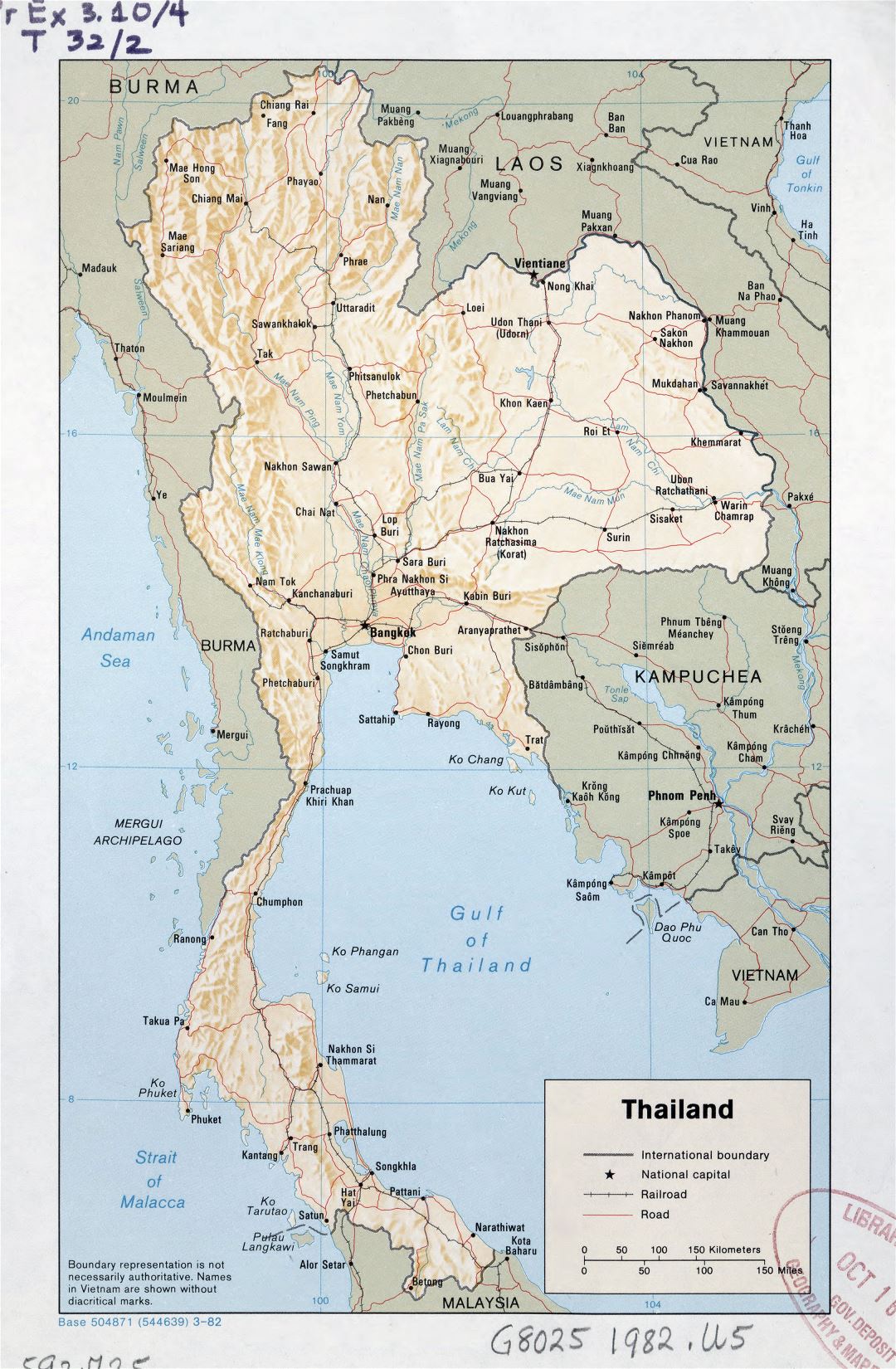 Large detailed political map of Thailand with relief, roads, railroads and major cities - 1982