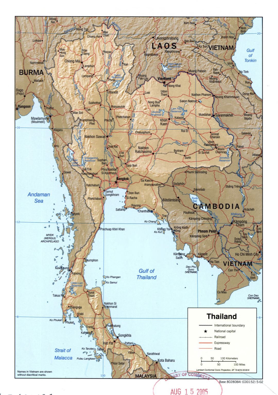 Large detailed political map of Thailand with relief, roads, railroads and major cities - 2002