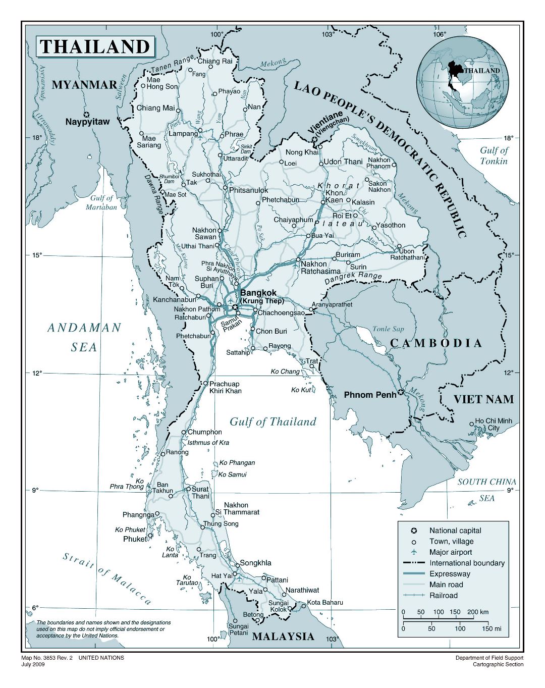 Large detailed political map of Thailand with roads, railroads, cities and airports