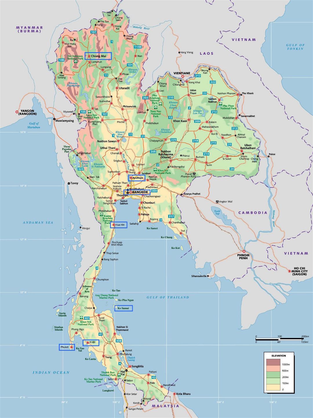 Large elevation map of Thailand with other marks