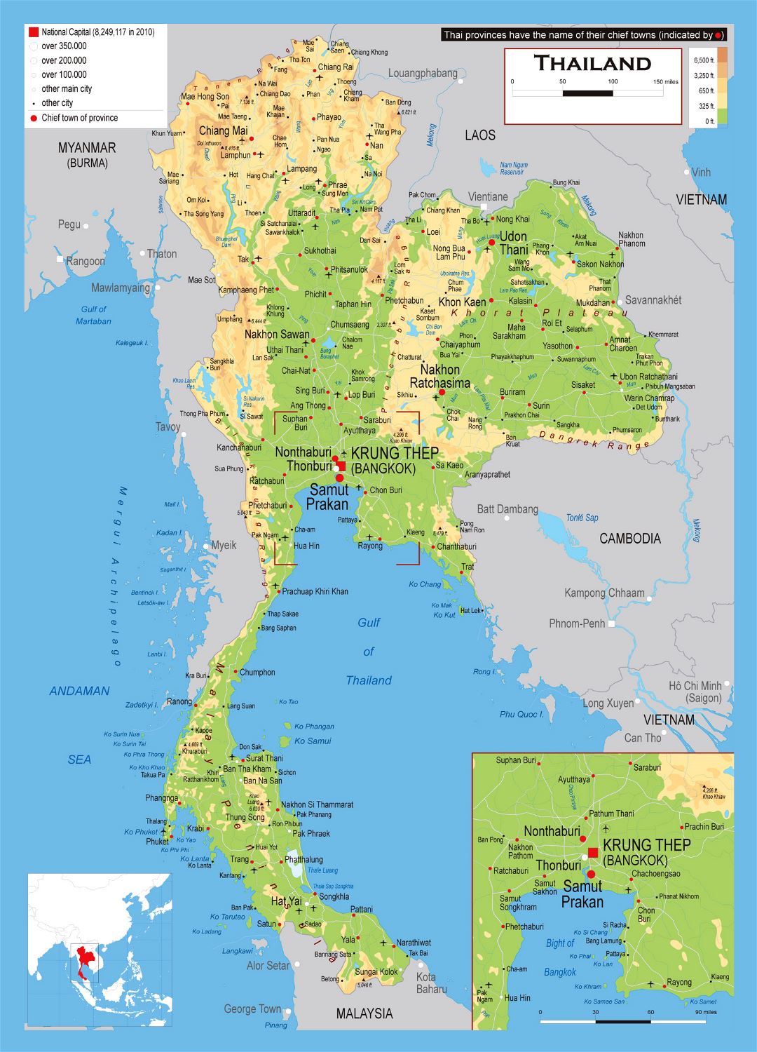 Large elevation map of Thailand with roads, cities and airports