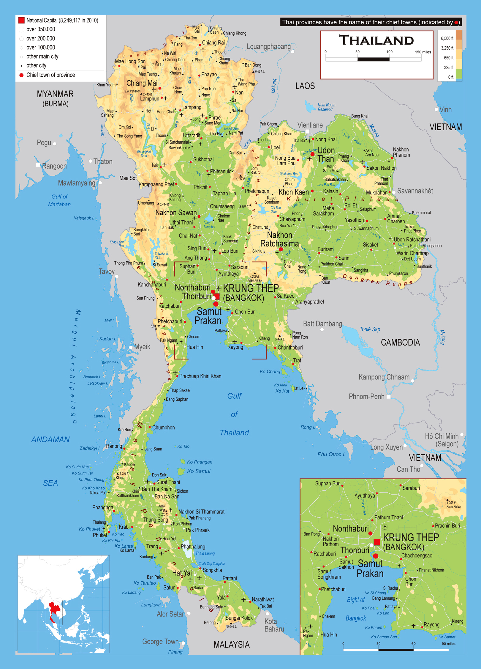Large Elevation Map Of Thailand With Roads Cities And Airports