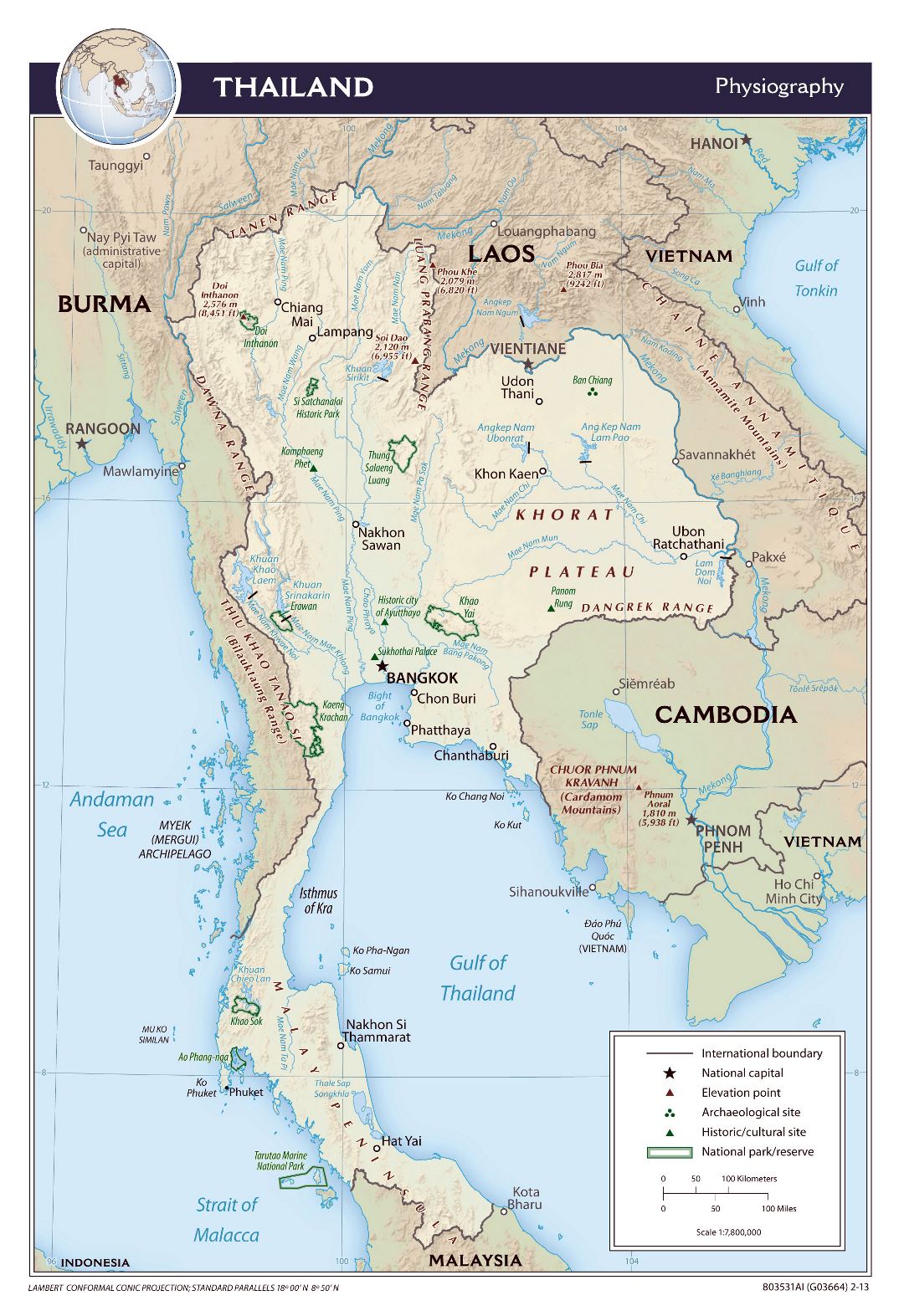 Large physiography map of Thailand - 2013