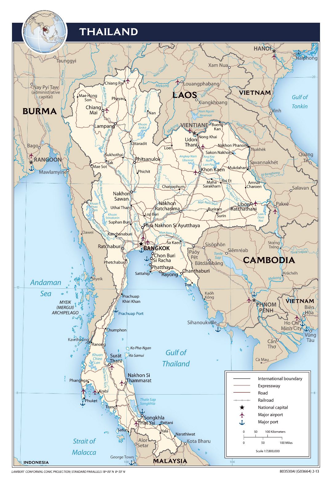 Large political map of Thailand with roads, railroads, major cities, airports and ports - 2013