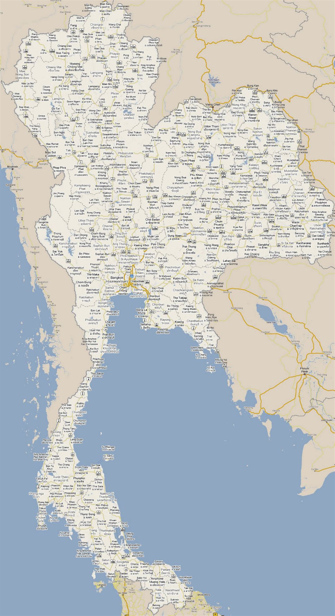 Large road map of Thailand with all cities