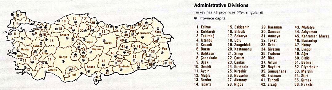Administrative divisions map of Turkey