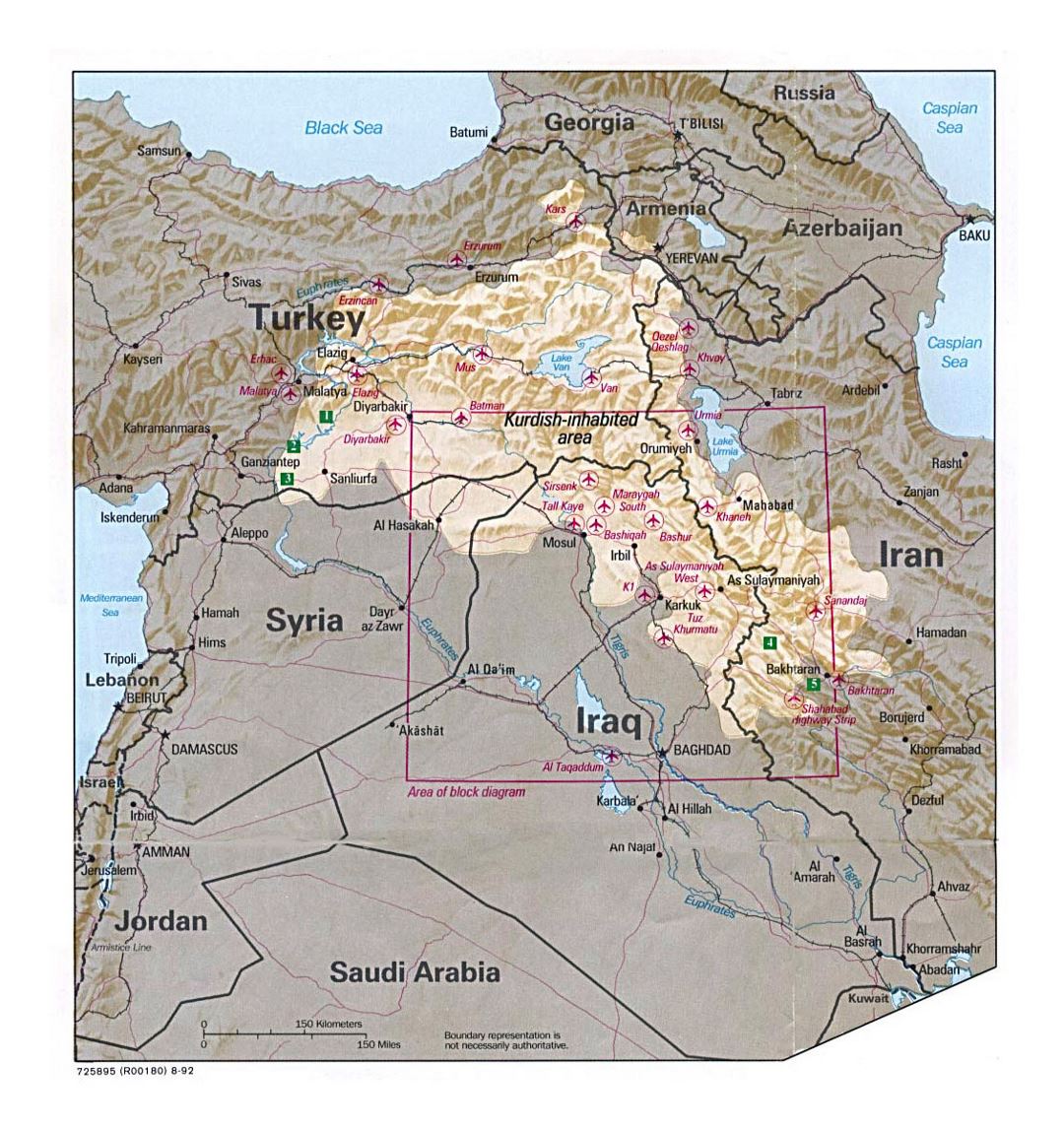 Detailed map of Kurdish Lands with relief and other marks - 1992