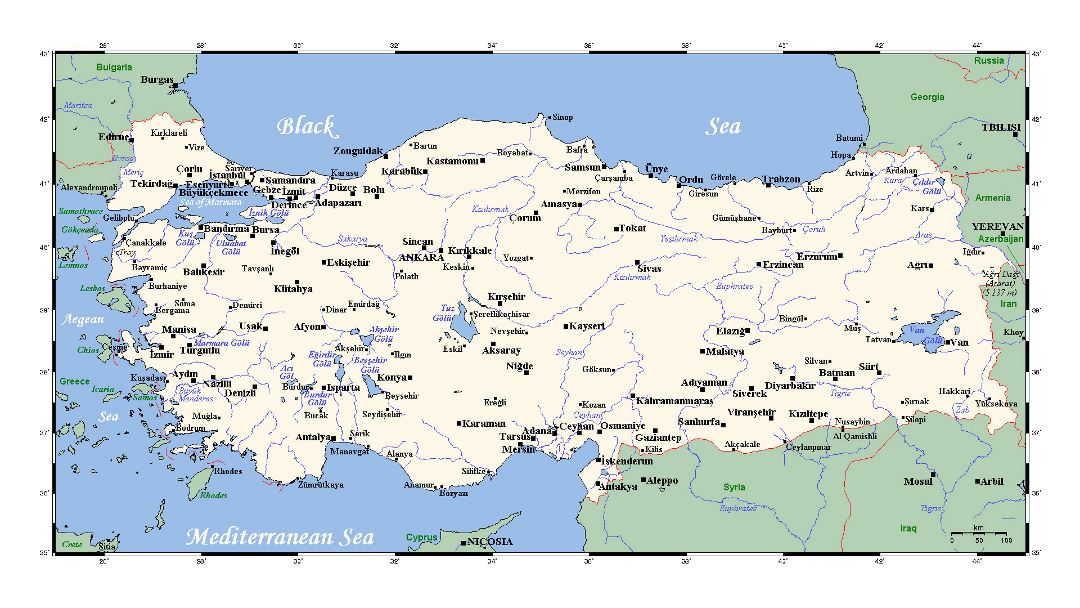 Detailed map of Turkey with major cities